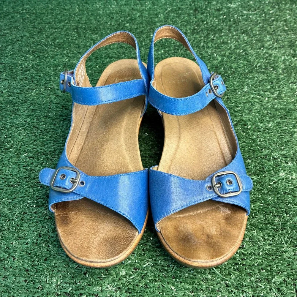 Dansko Thea Clog Leather Buckle Strap Platform Wedge Sandal Blue Womens Sz 8.5-9